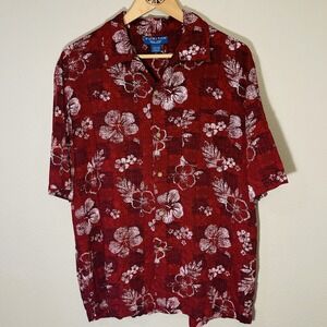 Puritan Men's Hawaii Shirt Hibiscus Short Sleeve Button Up Red White Resort Sz L